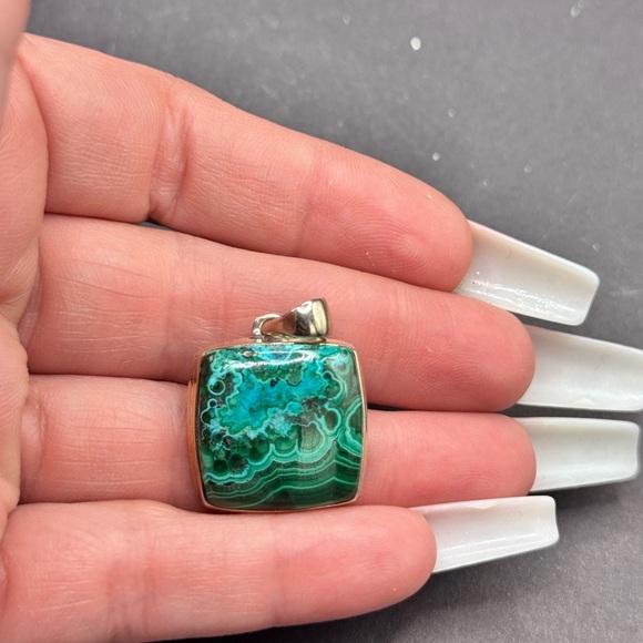 Jewelry - Chrysocolla & Malachite Gemstone 925 Sliver Pendant Calming Blues Square